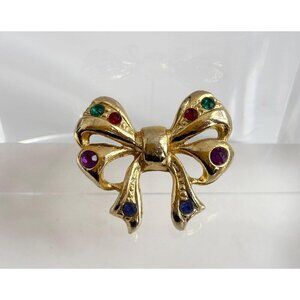Christmas Bow Rhinestoned Gold Toned Holiday Themed Vintage Jewelry Brooch